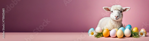 A little lamb lies next to Easter eggs in different pastel shades with free copy space