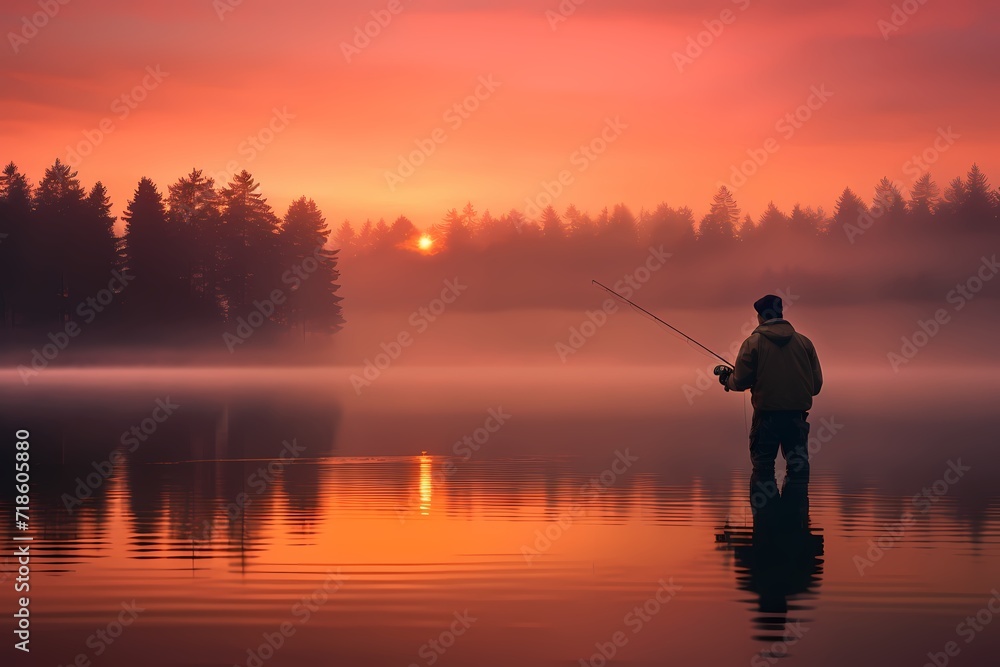 A fisherman casting a line into a tranquil lake at sunrise, the water reflecting the soft hues of the early morning sky.
