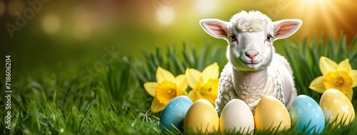 Pastel eggs on green grass, a sheep standing nearby, and the rays of the setting sun in the background. Good Friday, Easter, spring concept