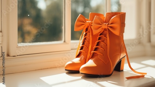 Orange lace-up boots with bows. The trend for bows in 2024. Shoes with bows