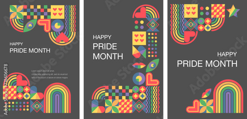 Set of 3 templates with rainbow colors of pride month.June. Geometric templates. Love, freedom, support, peace.Abstract geometric backgrounds. Vector illustration