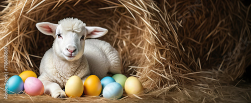 Funny Easter concept with a sheep lying on the hay surrounded by Easter colorful eggs with copy space