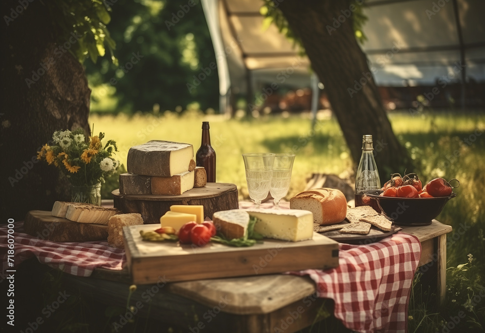 picnic tables and picnic basket with foods, beverages and straw picnic tables and picnic basket with foods, beverages and straw
