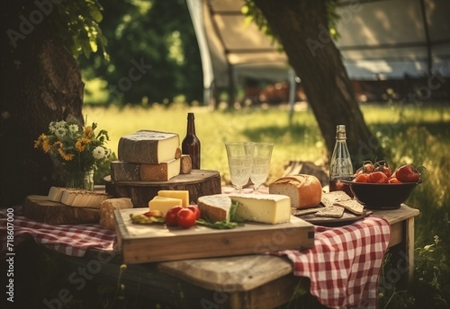 picnic tables and picnic basket with foods, beverages and straw