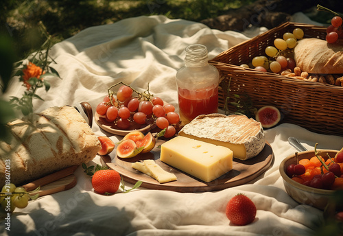 picnic tables and picnic basket with foods, beverages and straw