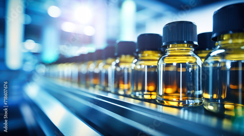 Wallpaper Mural Row of Glass Bottles on Counter. Bottles with medicines on the conveyor. Selective focus. Close-up. Torontodigital.ca