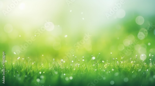 Green grass field and blue sky create a summer landscape background with a blurred bokeh effect.