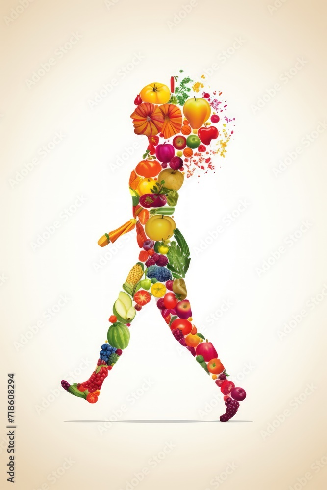 Illustration of diverse human figures with fruits and vegetables in the background Illustration of diverse human figures with fruits and vegetables in the background