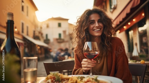 Portrait of a smiling charming happy woman drinking wine and eating pasta in a cozy Italian outdoor restaurant at sunset. Delicious food  Gourmet  Travel  Lifestyle concepts.