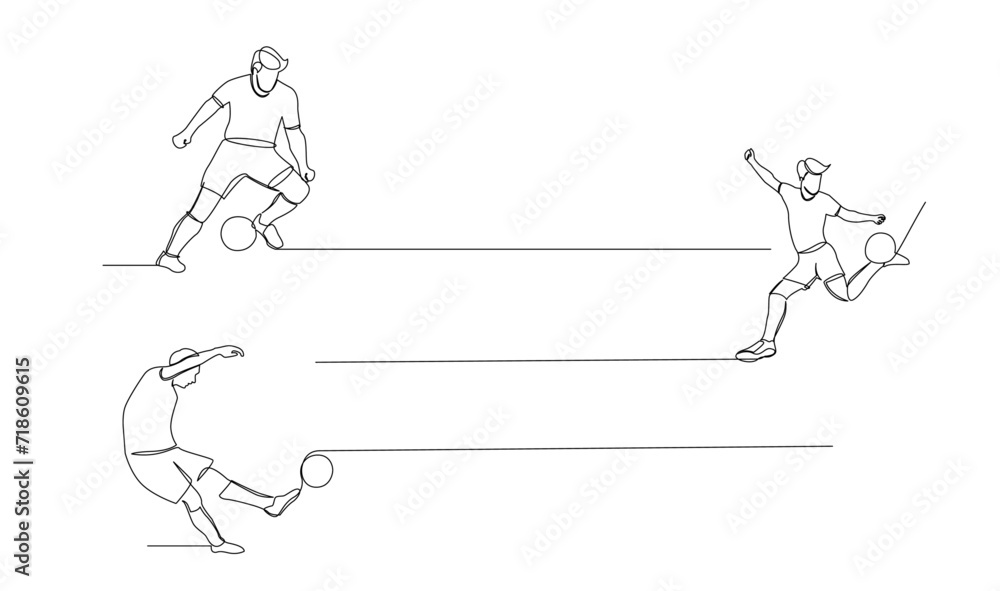 Continuous line drawing of football player jump and fly to kicking ball. Single one line art of young man playing soccer ball template