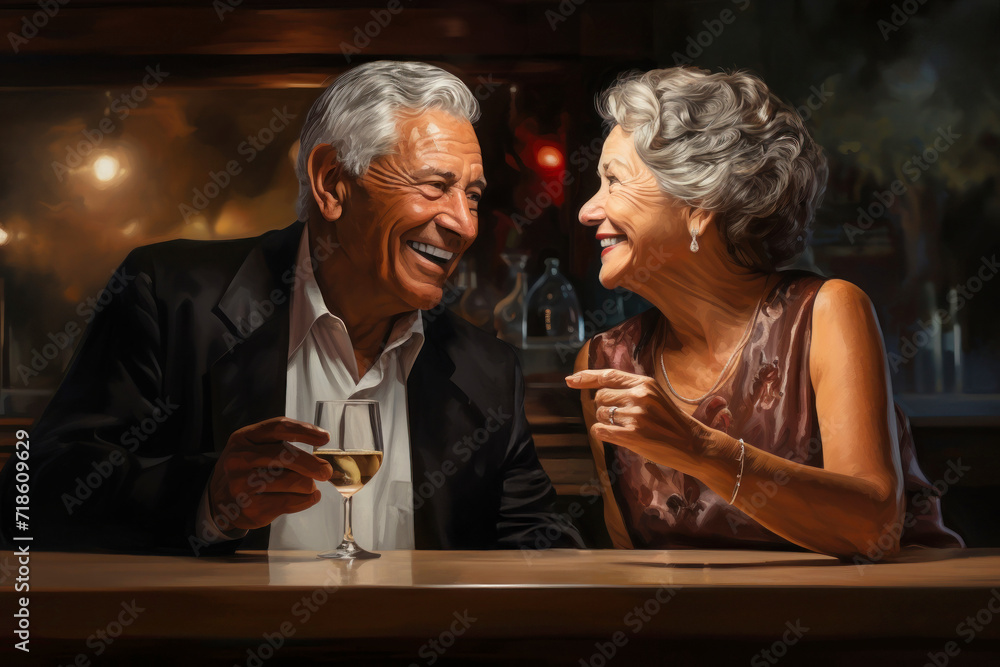 Elderly Couple Engaged in Conversation at a Bar