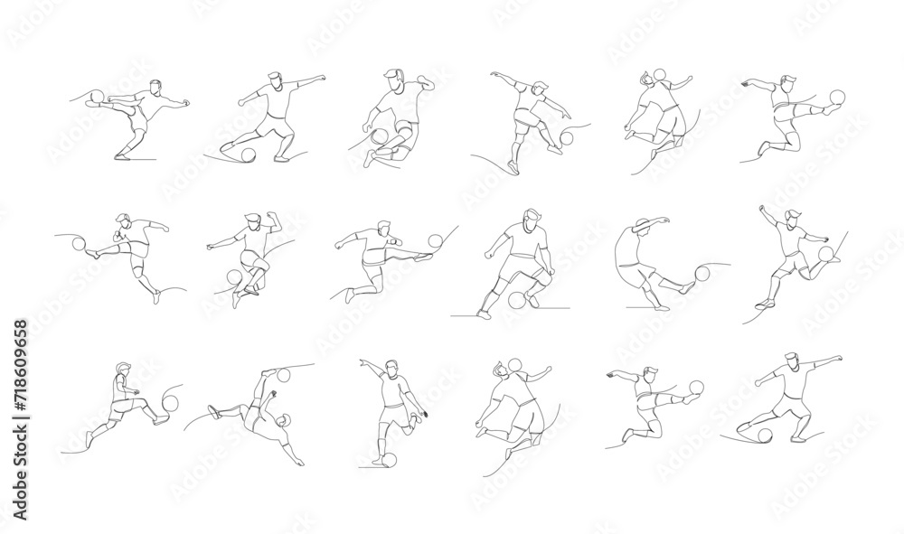 Continuous line drawing of football player jump and fly to kicking ball. Single one line art of young man playing soccer ball template Continuous line drawing of football player jump and fly to kicking ball. Single one line art of young man playing soccer ball template