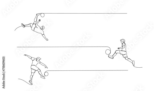 Continuous line drawing of football player jump and fly to kicking ball. Single one line art of young man playing soccer ball template