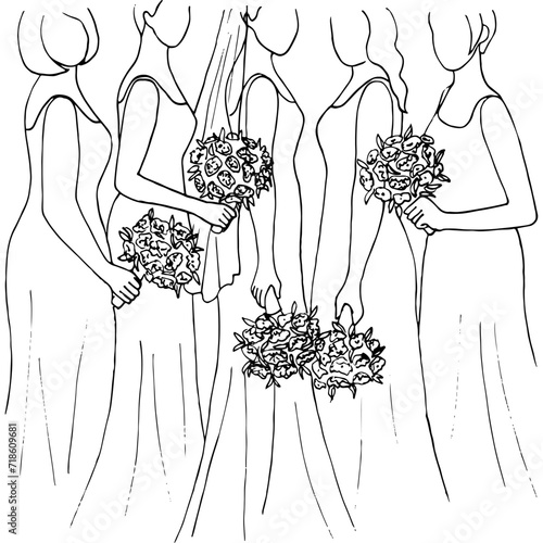 bride is surrounded by bridesmaids, everyone is holding a bouquet of flowers, standing nearby, posing for a wedding photo. black outline vector drawing - vector
