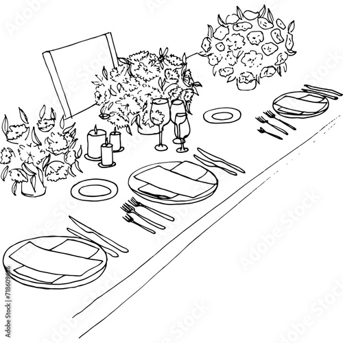 table for guests - contour hand drawn illustration with flowers, candles, plates, napkins, table set for guests
