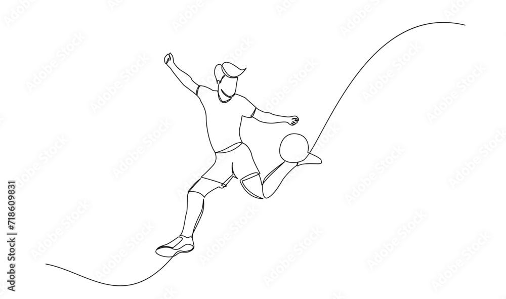 Continuous line drawing of football player jump and fly to kicking ball. Single one line art of young man playing soccer ball template Continuous line drawing of football player jump and fly to kicking ball. Single one line art of young man playing soccer ball template