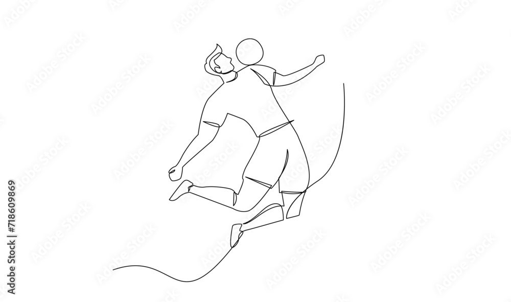 Continuous line drawing of football player jump and fly to kicking ball. Single one line art of young man playing soccer ball template Continuous line drawing of football player jump and fly to kicking ball. Single one line art of young man playing soccer ball template