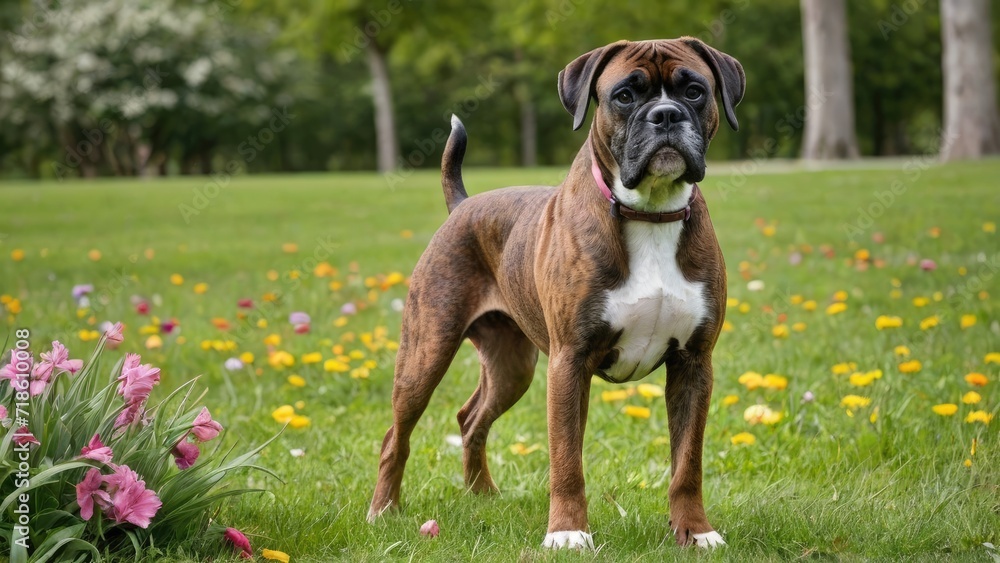 Brindle boxer in flower field