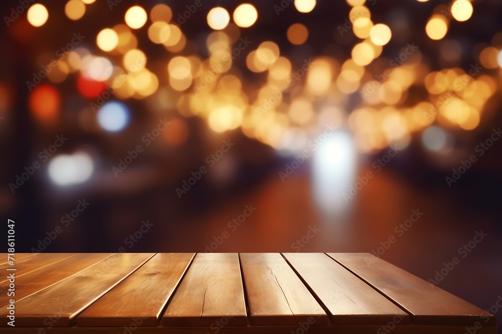 Empty wooden table and bokeh lights background. For product display Empty wooden table and bokeh lights background. For product display
