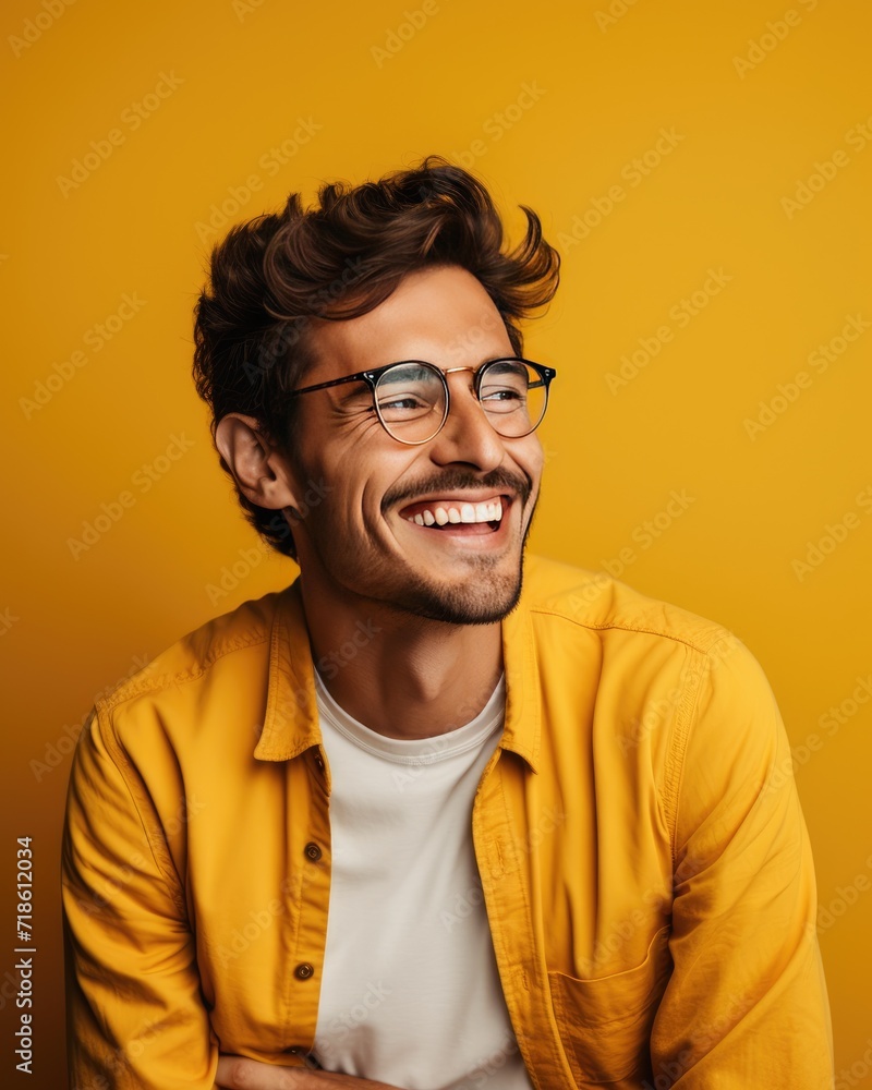 Fototapeta premium Portrait of a smiling man wearing glasses, yellow background Optics and eyewear concepts