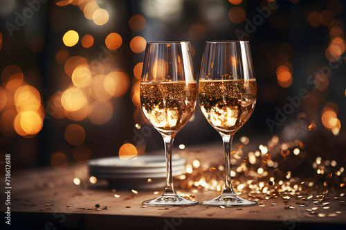 Shot of the champagne glass on a wooden table. Sunlight and bubbles theme blurred bokeh light background. Tasty champagne at party celebrate. Realistic clipart template pattern. 