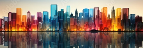 A colorful, reflective cityscape rendered in transparent crystal-like structures at sunset. © AdriFerrer