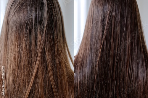 Before and after treatment caring for sick damaged and healthy hair with keratin
