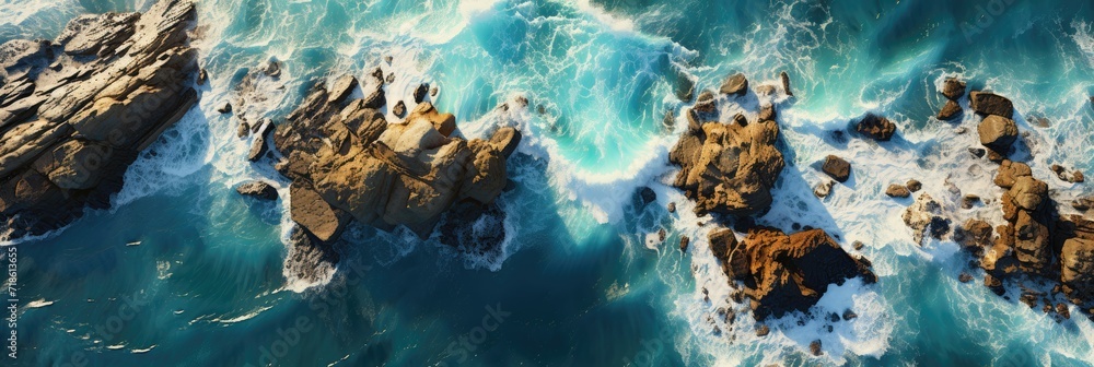 Aerial view of rocky coastline with tumultuous waves crashing against the shore. Aerial view of rocky coastline with tumultuous waves crashing against the shore.