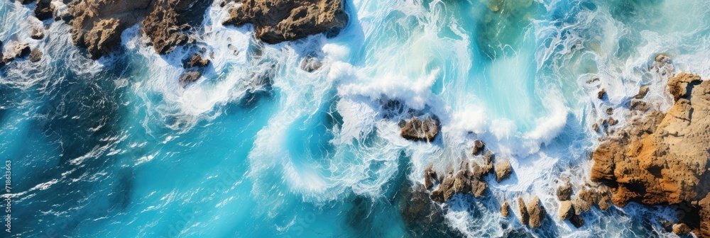 Aerial view of a rocky shoreline with the vibrant blue sea crashing onto the rocks.