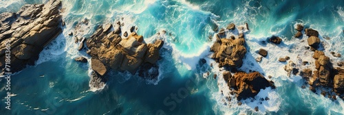 Aerial view of rocky coastline with tumultuous waves crashing against the shore.