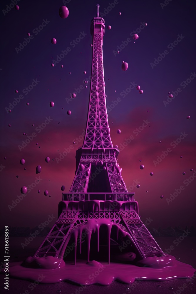 Purple wax statue of the Eiffel Tower in Paris surreal fantasy