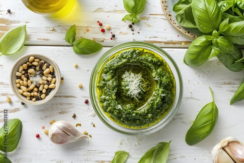 Italian genovese local herbal pesto sauce made with Parmesan cheese basil leaves pine nuts garlic black pepper and olive oil served in a glass bowl on a white photo