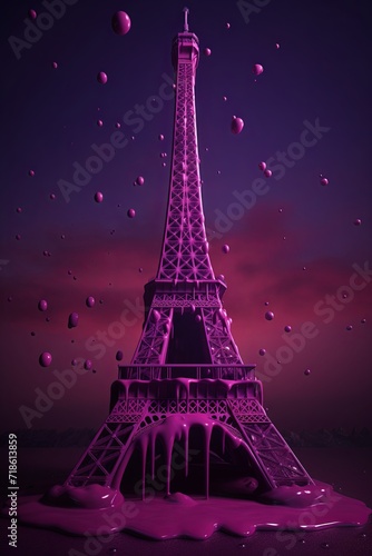Purple wax statue of the Eiffel Tower in Paris surreal fantasy photo
