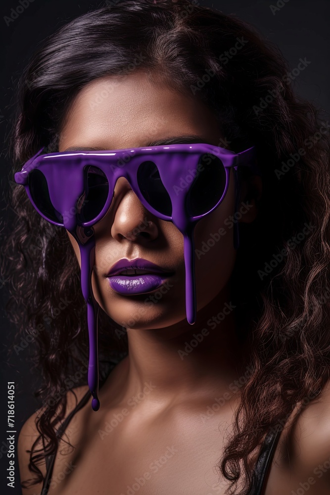 dark hair female fashion model wearing purple sunglasses melting dark hair female fashion model wearing purple sunglasses melting