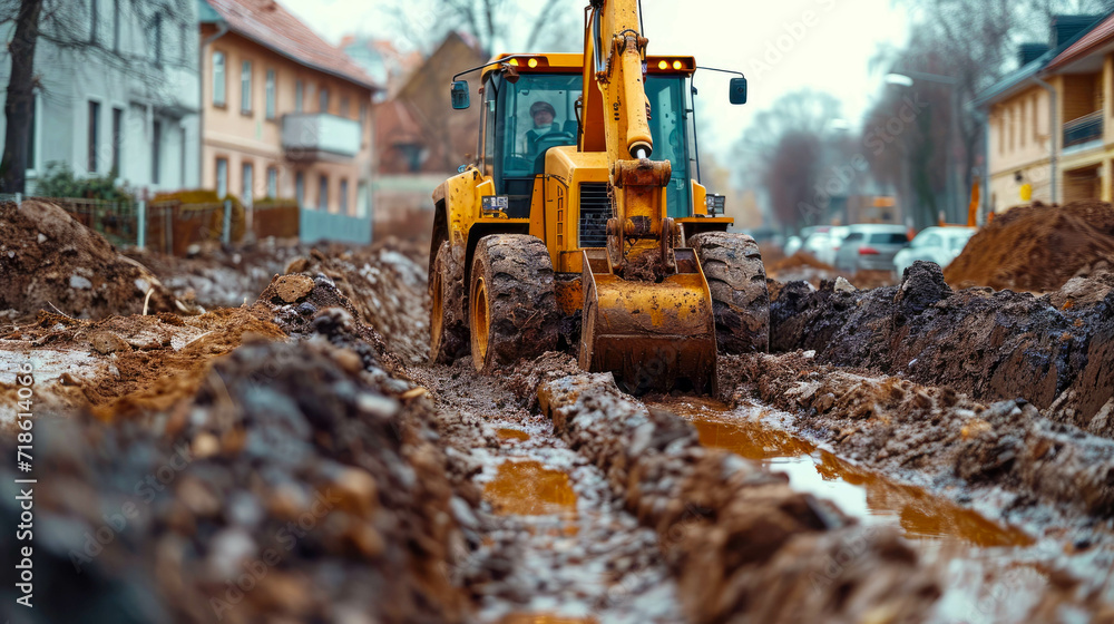 Excavator working on a construction site. Heavy duty construction equipment Excavator working on a construction site. Heavy duty construction equipment
