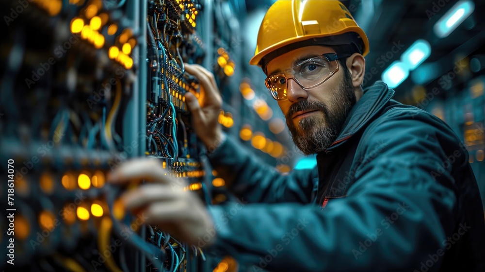 Portrait of a man in a helmet and work clothes standing in a power supply station, repair and adjustment by an electrician of an electrical panel Portrait of a man in a helmet and work clothes standing in a power supply station, repair and adjustment by an electrician of an electrical panel