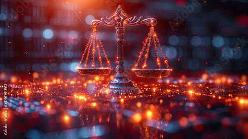 Scales of justice on abstract background with futuristic digital bokeh lights