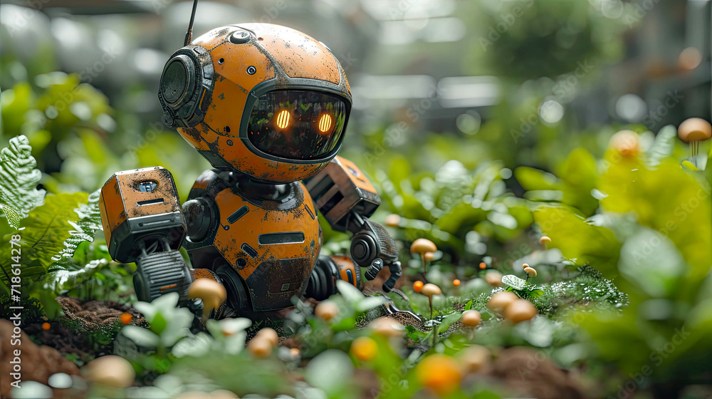 Toy robot in the botanical garden, concept of robotic farmers and automatic growing of food vegetables Toy robot in the botanical garden, concept of robotic farmers and automatic growing of food vegetables