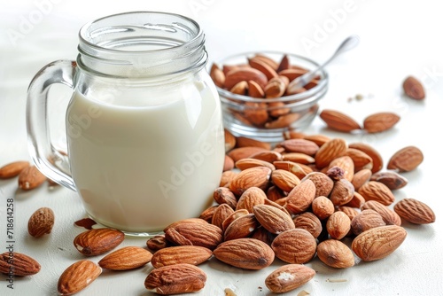 Tasty almond milk and nuts on a white surface