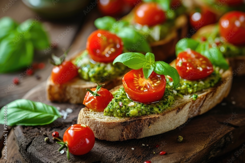 Selective focus on pesto bruschetta adorned with cherry tomatoes and basil Selective focus on pesto bruschetta adorned with cherry tomatoes and basil