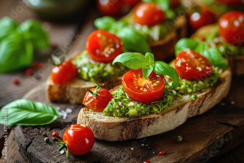 Selective focus on pesto bruschetta adorned with cherry tomatoes and basil