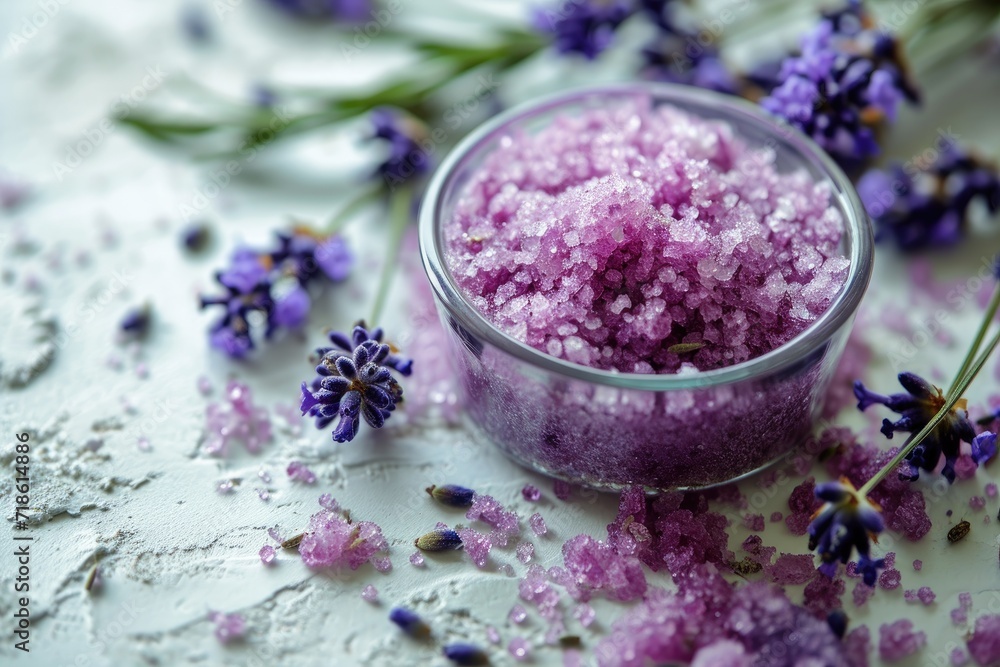 A spa set with a body scrub made of sugar argan oil and Himalayan salt on a white texture background A spa set with a body scrub made of sugar argan oil and Himalayan salt on a white texture background