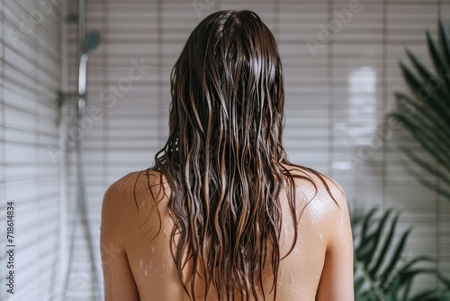 Woman with wet hair showering at home seen from behind