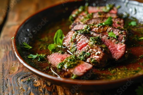 Beef slices in pesto sauce on a wooden plate