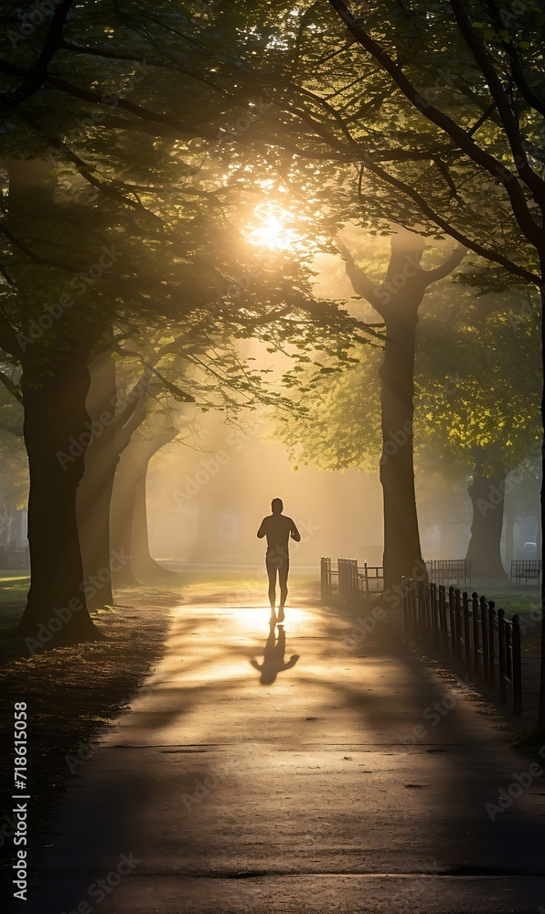 Running man jogging in beautiful autumn park at sunrise.