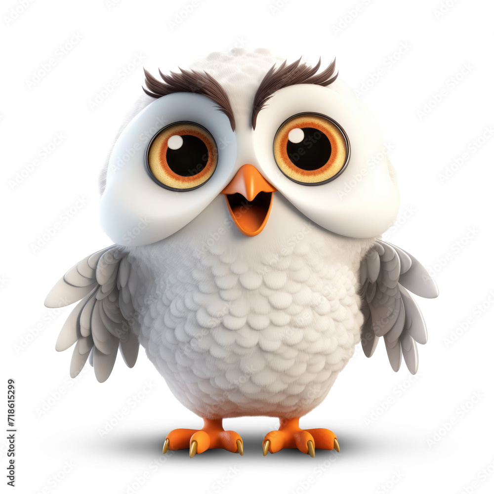 3D happy funny owl character on white backdrop
