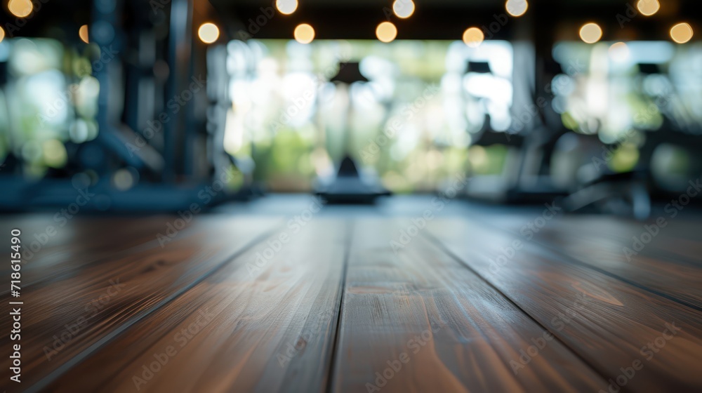 Wooden table in fitness room. Blurred fitness room background.