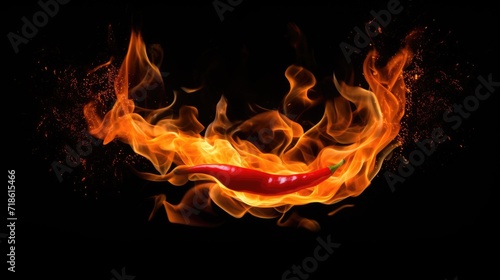 The chili pepper is on fire. A flame of fire in the shape of chili pepper.Red glowing chili pepper on black. A chili pepper with fire