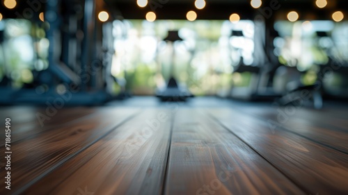 Wooden table in fitness room. Blurred fitness room background.