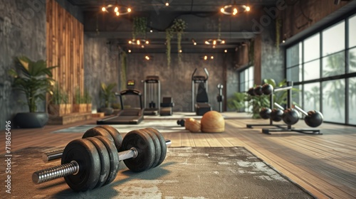 3d rendering of a gym room with dumbbells and fitness equipment